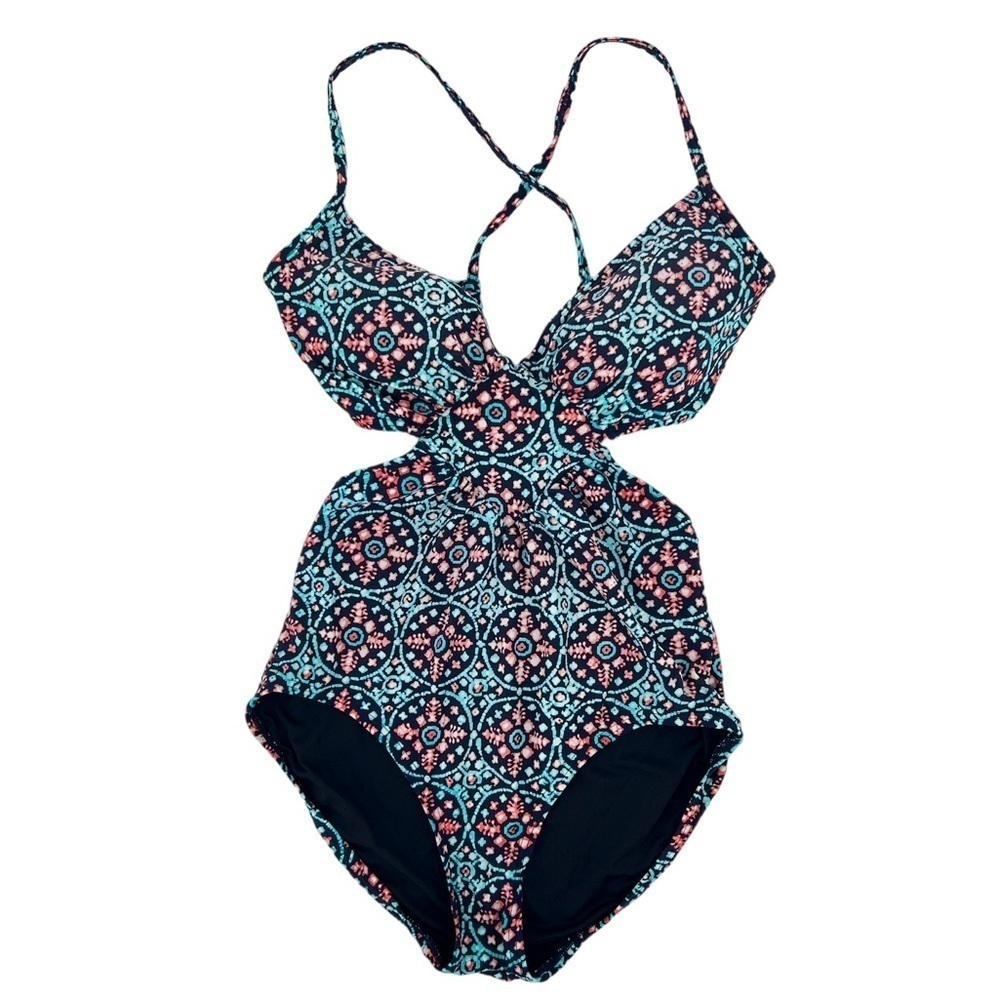 Michael Kors teal & coral pattern one piece cut out bathing suit 10